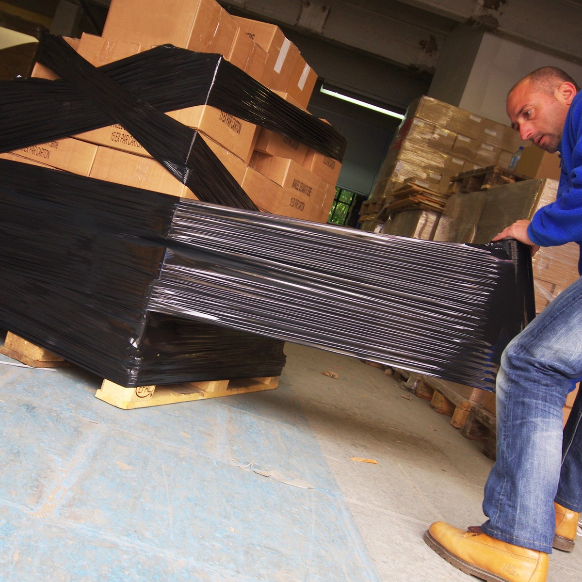 A pallet being wrapped in stretch film