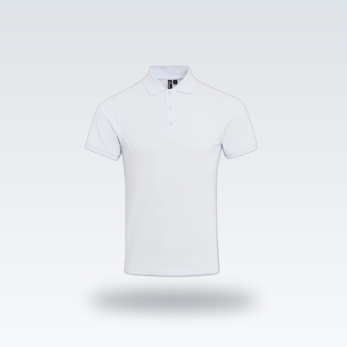 A white polo shirt with a three-button placket